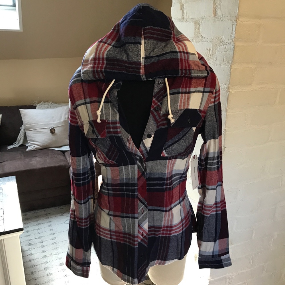 Plaid button down hoodie with fleece hood lining